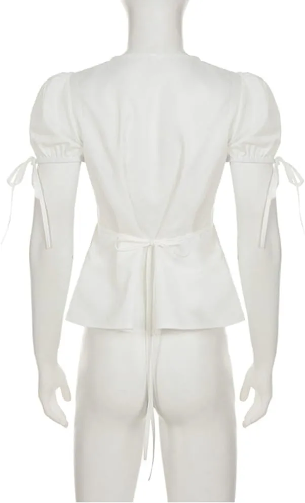 Women Tie Front Lace Trim Shirt Boho Short Sleeve Button Sheer Ruffle Flowy Blouse Y2K Coquette Going Out Tops
