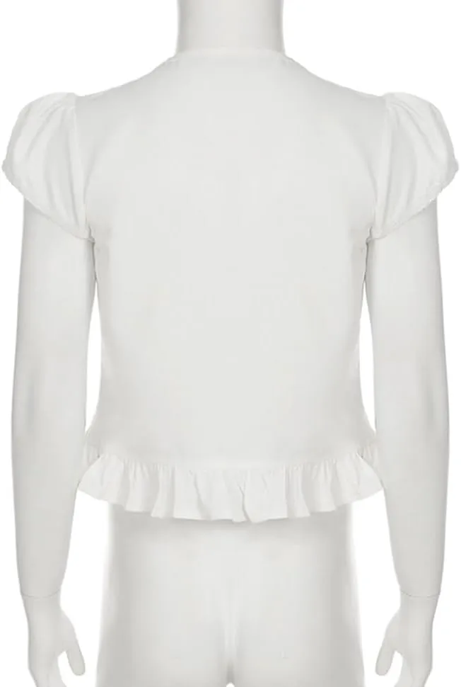 Women Tie Front Lace Trim Shirt Boho Short Sleeve Button Sheer Ruffle Flowy Blouse Y2K Coquette Going Out Tops