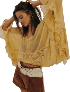 Women Tie Front Lace Trim Shirt Boho Short Sleeve Button Sheer Ruffle Flowy Blouse Y2K Coquette Going Out Tops