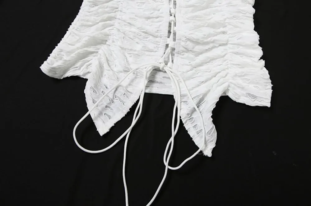 Women Tie Front Lace Trim Shirt Boho Short Sleeve Button Sheer Ruffle Flowy Blouse Y2K Coquette Going Out Tops