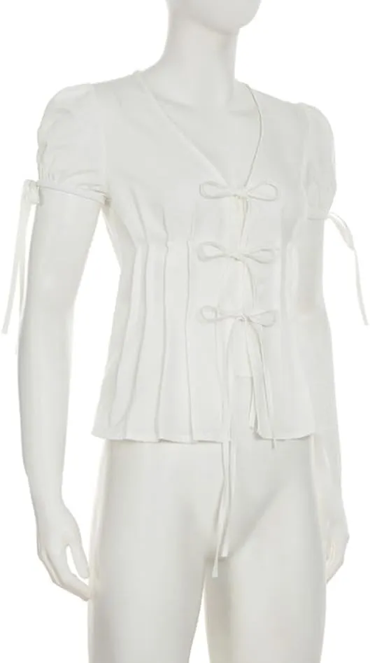 Women Tie Front Lace Trim Shirt Boho Short Sleeve Button Sheer Ruffle Flowy Blouse Y2K Coquette Going Out Tops