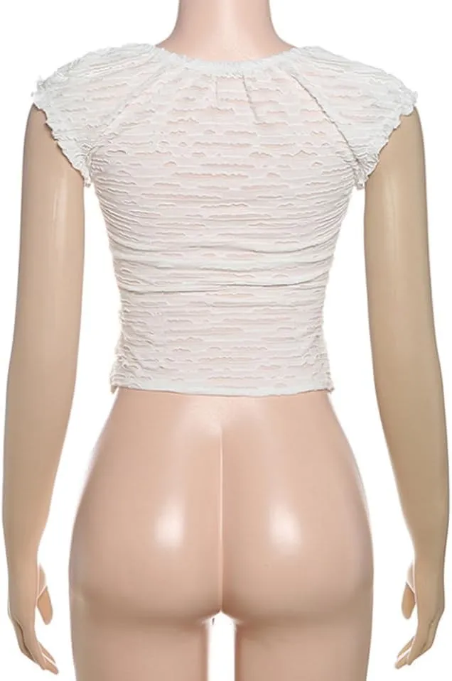 Women Tie Front Lace Trim Shirt Boho Short Sleeve Button Sheer Ruffle Flowy Blouse Y2K Coquette Going Out Tops