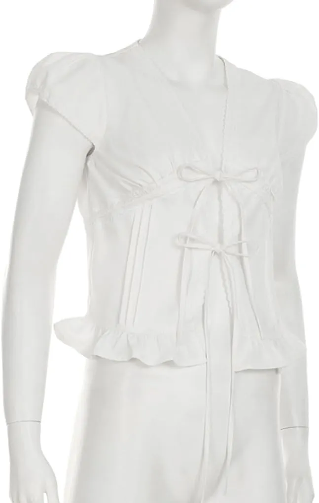 Women Tie Front Lace Trim Shirt Boho Short Sleeve Button Sheer Ruffle Flowy Blouse Y2K Coquette Going Out Tops