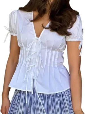 Women Tie Front Lace Trim Shirt Boho Short Sleeve Button Sheer Ruffle Flowy Blouse Y2K Coquette Going Out Tops