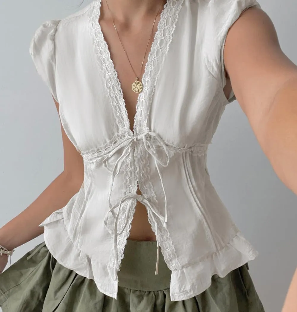 Women Tie Front Lace Trim Shirt Boho Short Sleeve Button Sheer Ruffle Flowy Blouse Y2K Coquette Going Out Tops