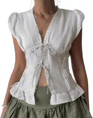 Women Tie Front Lace Trim Shirt Boho Short Sleeve Button Sheer Ruffle Flowy Blouse Y2K Coquette Going Out Tops