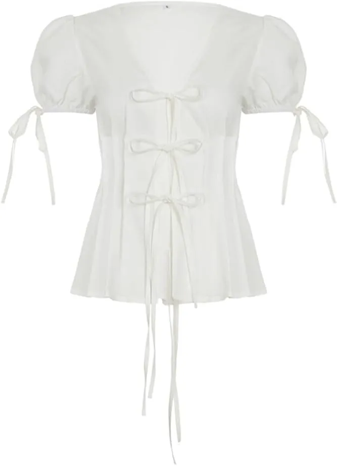 Women Tie Front Lace Trim Shirt Boho Short Sleeve Button Sheer Ruffle Flowy Blouse Y2K Coquette Going Out Tops