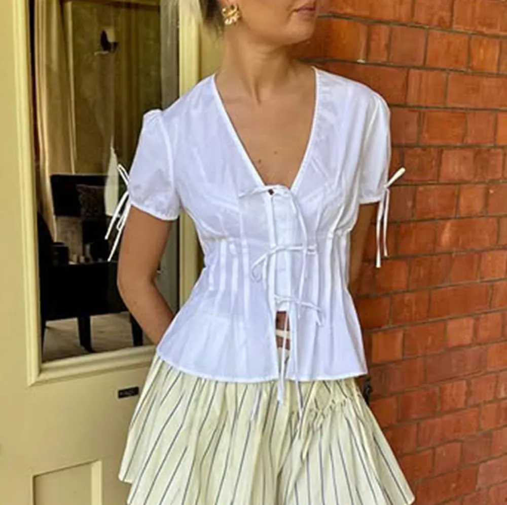 Women Tie Front Lace Trim Shirt Boho Short Sleeve Button Sheer Ruffle Flowy Blouse Y2K Coquette Going Out Tops