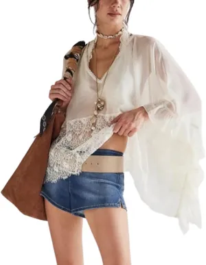 Women Tie Front Lace Trim Shirt Boho Short Sleeve Button Sheer Ruffle Flowy Blouse Y2K Coquette Going Out Tops