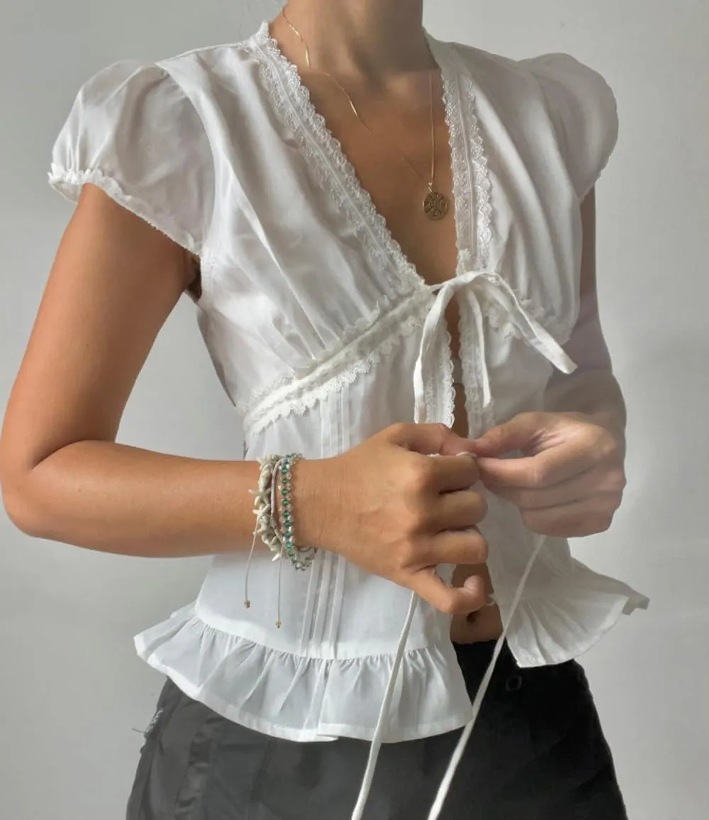 Women Tie Front Lace Trim Shirt Boho Short Sleeve Button Sheer Ruffle Flowy Blouse Y2K Coquette Going Out Tops