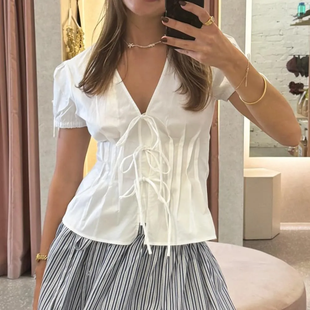 Women Tie Front Lace Trim Shirt Boho Short Sleeve Button Sheer Ruffle Flowy Blouse Y2K Coquette Going Out Tops