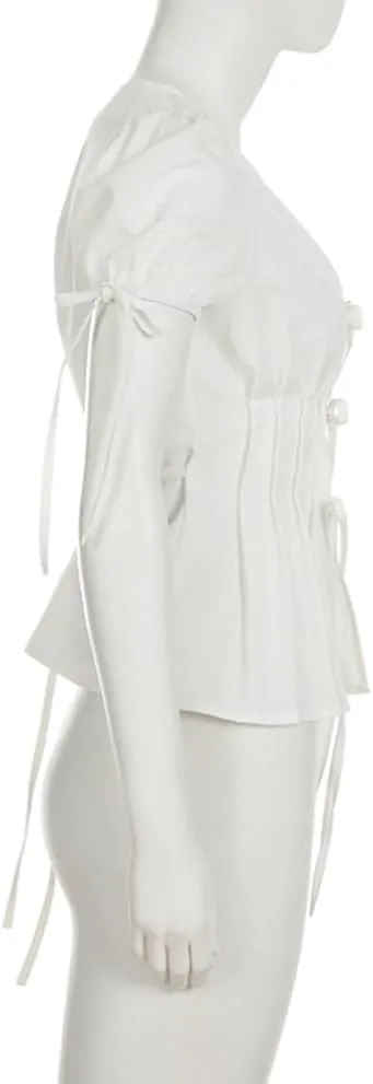 Women Tie Front Lace Trim Shirt Boho Short Sleeve Button Sheer Ruffle Flowy Blouse Y2K Coquette Going Out Tops