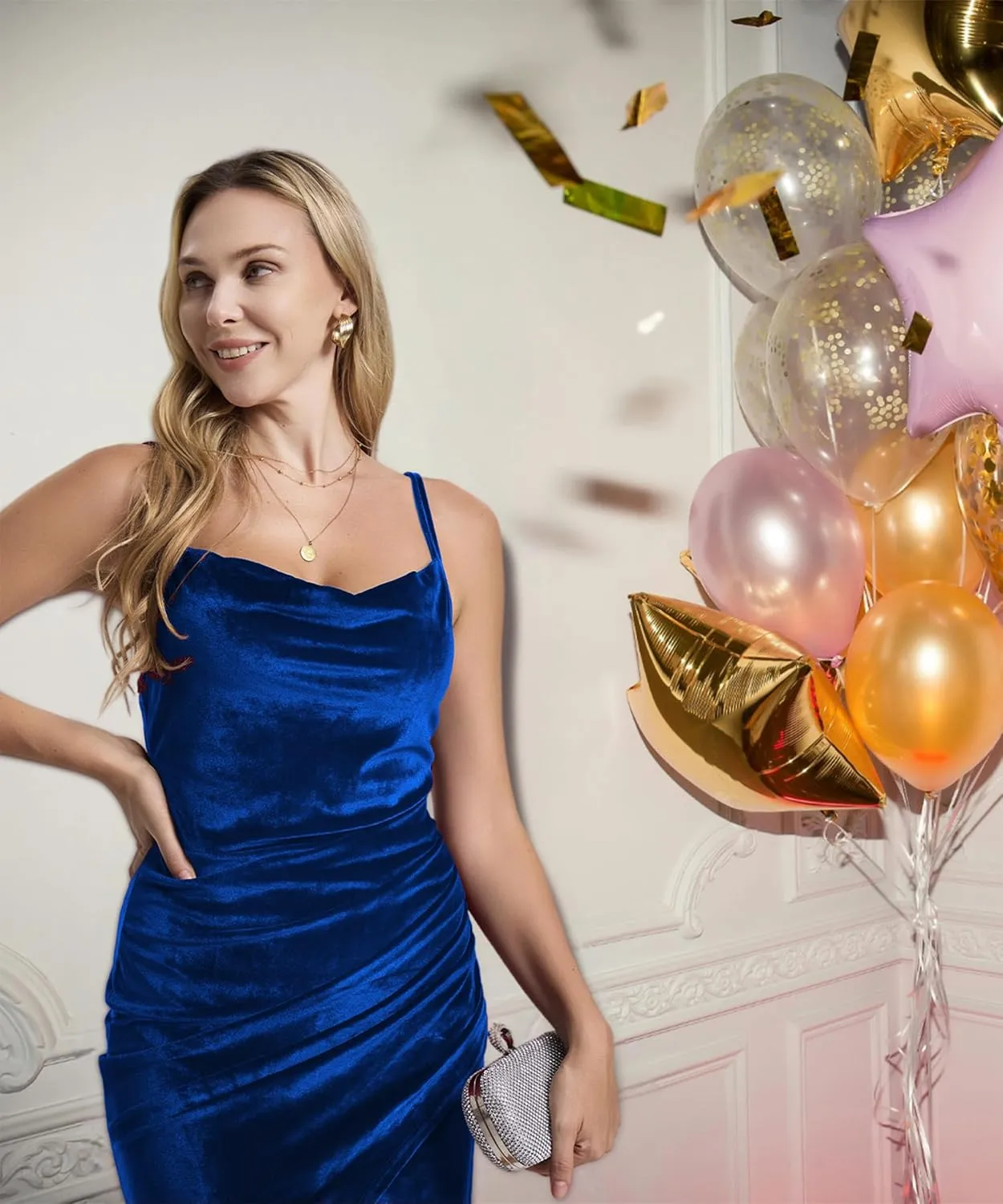 Women Velvet Dress Cowl Neck Bodycon Ruched Dress Midi Cocktail Party Dresses for Women