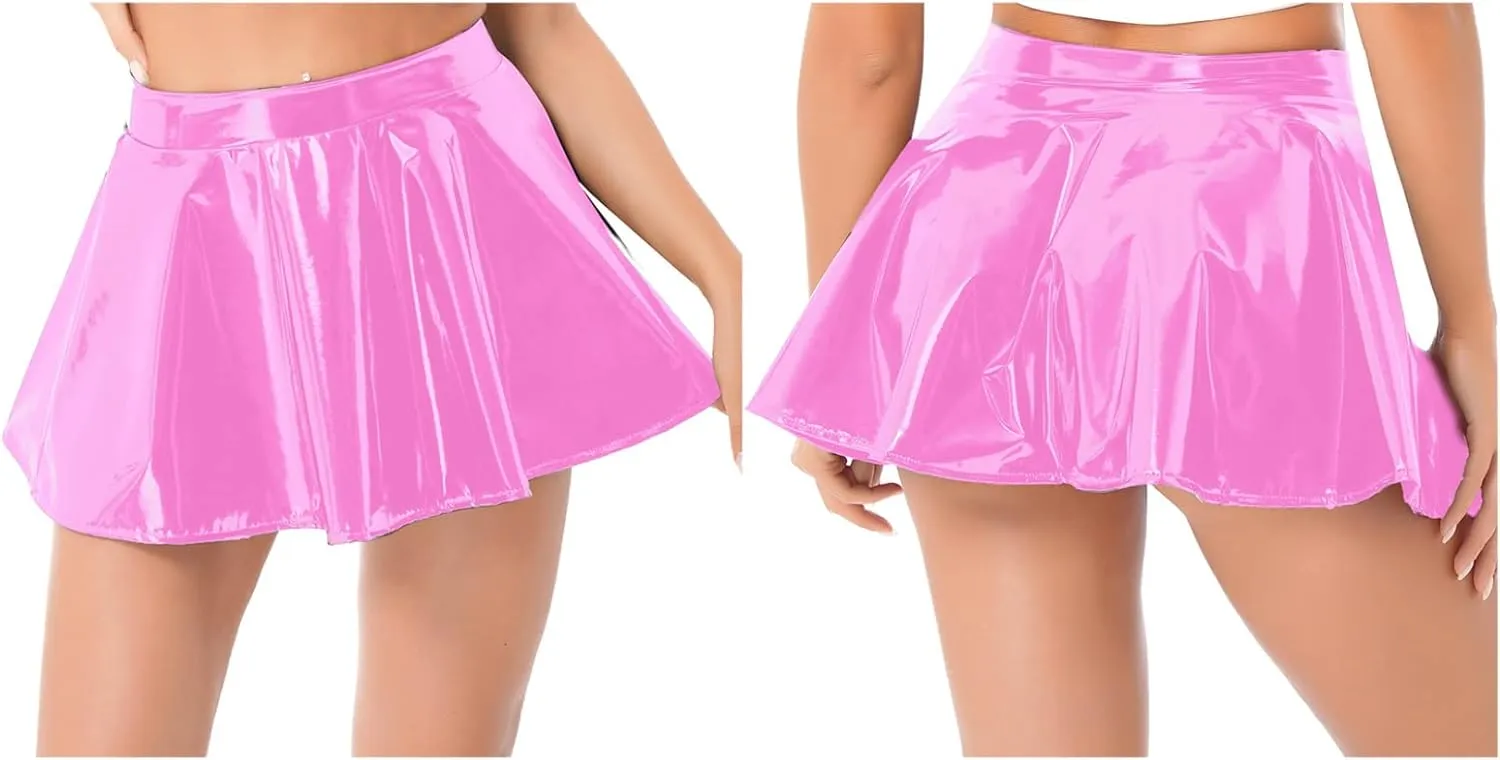 Women's Casual Fashion Flared Pleated Mini Skirt Leather Skirts High Waist Zipper Mini Skirt