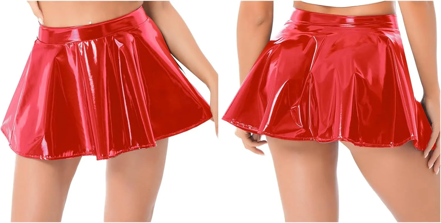 Women's Casual Fashion Flared Pleated Mini Skirt Leather Skirts High Waist Zipper Mini Skirt