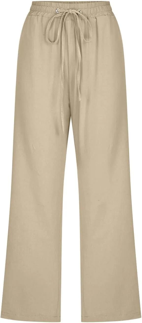 Womens Cotton Linen Pants Casual Summer 2025 Casual Drawstring Elastic Pants with Pockets Lounge Cropped Trouser
