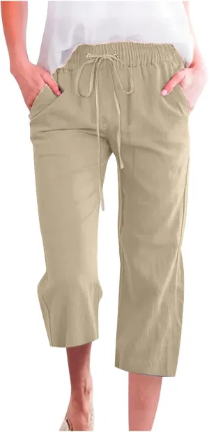 Womens Cotton Linen Pants Casual Summer 2025 Casual Drawstring Elastic Pants with Pockets Lounge Cropped Trouser