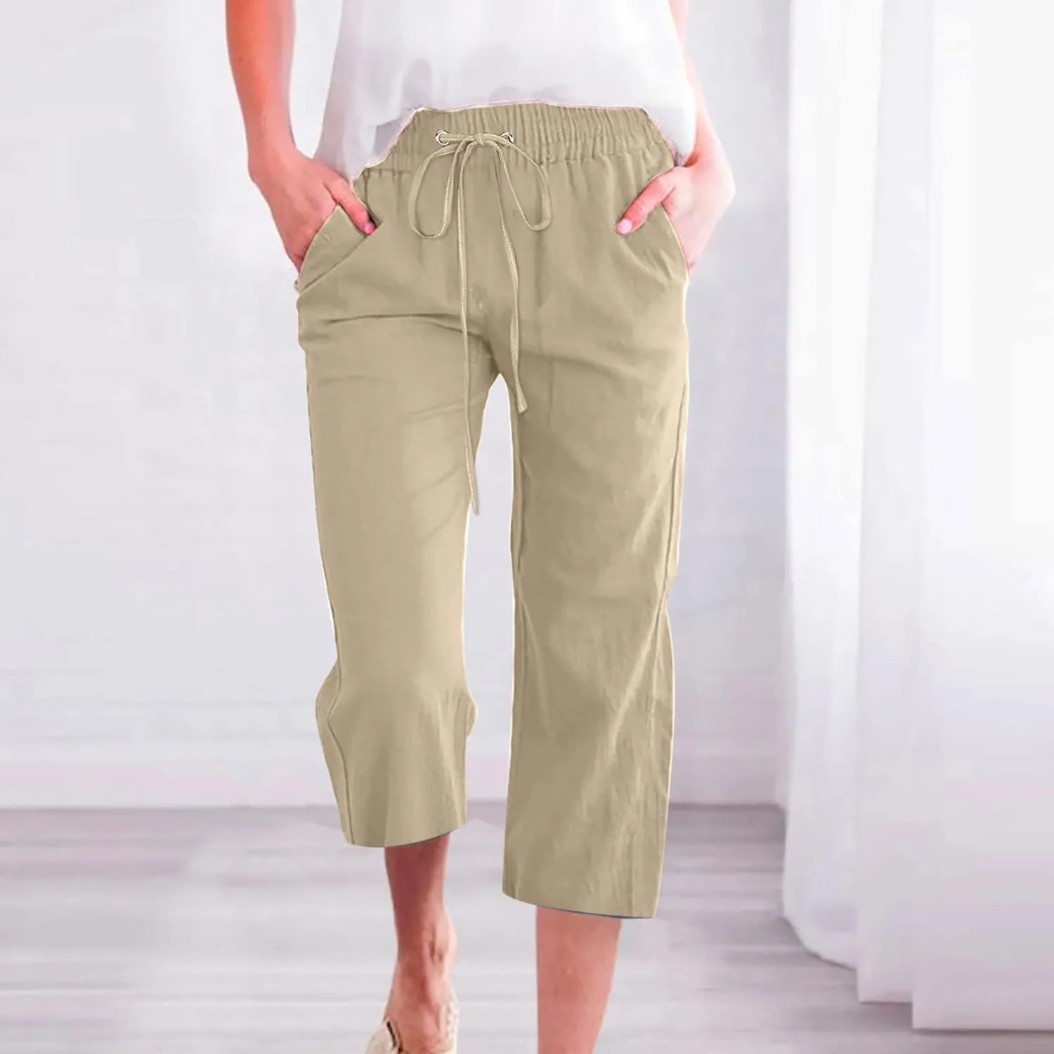 Womens Cotton Linen Pants Casual Summer 2025 Casual Drawstring Elastic Pants with Pockets Lounge Cropped Trouser