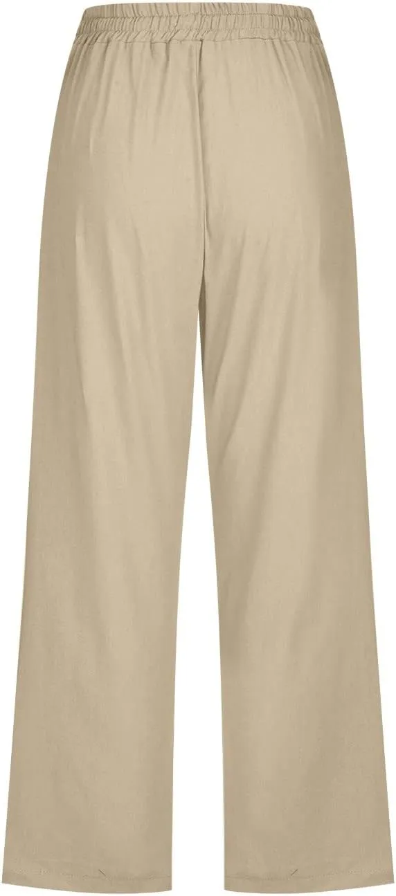 Womens Cotton Linen Pants Casual Summer 2025 Casual Drawstring Elastic Pants with Pockets Lounge Cropped Trouser