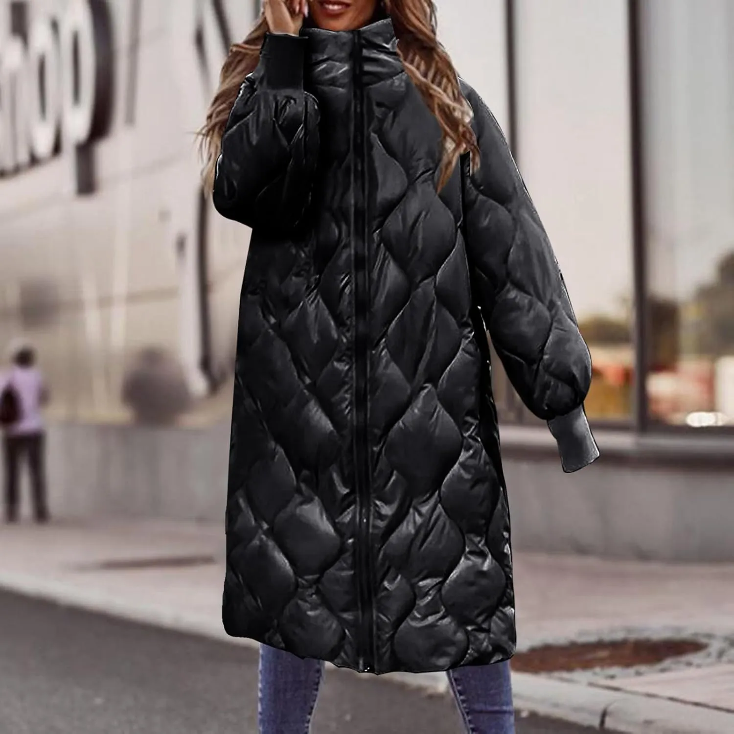 Women's Down Jacket Long Puffer Padded Coat Warm Trench Coat Long Sleeve Cardigans Jacket Coats Winter