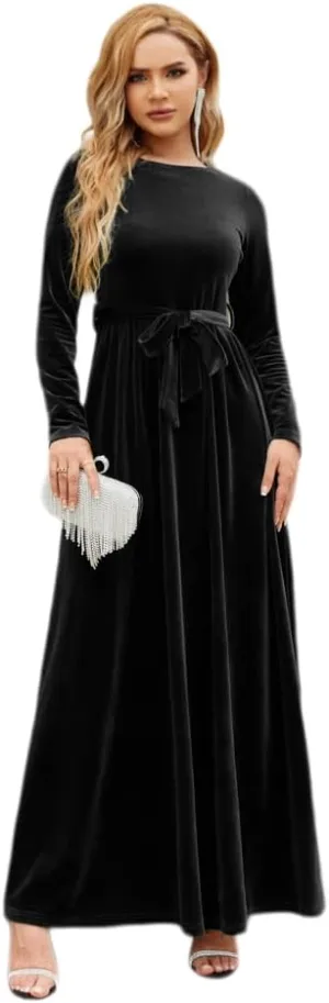 Women's Fall Dresses Long Sleeve Velvet Formal Maxi Dress with Belt Casual Cocktail Wedding Guest Party Long Dress