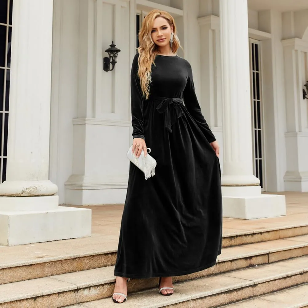 Women's Fall Dresses Long Sleeve Velvet Formal Maxi Dress with Belt Casual Cocktail Wedding Guest Party Long Dress