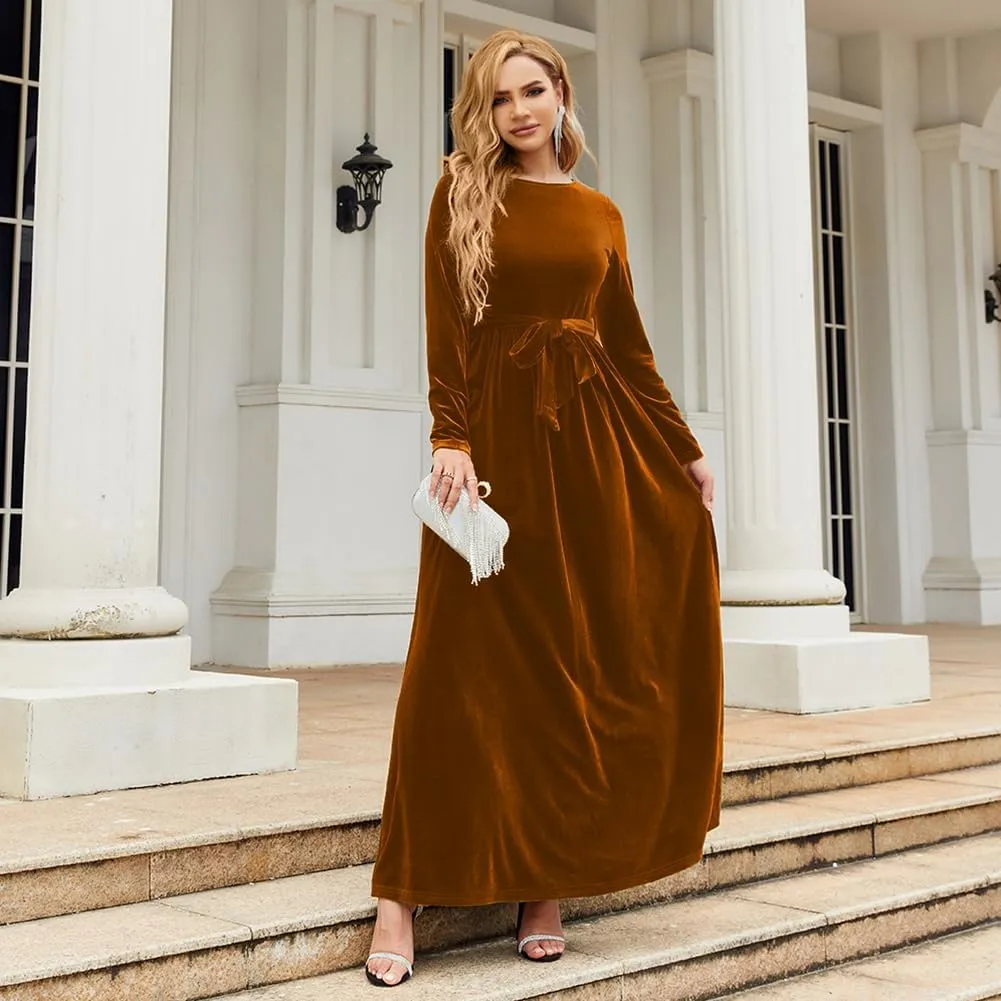 Women's Fall Dresses Long Sleeve Velvet Formal Maxi Dress with Belt Casual Cocktail Wedding Guest Party Long Dress