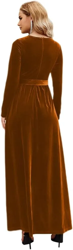 Women's Fall Dresses Long Sleeve Velvet Formal Maxi Dress with Belt Casual Cocktail Wedding Guest Party Long Dress