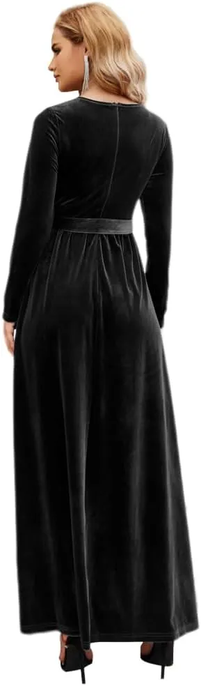 Women's Fall Dresses Long Sleeve Velvet Formal Maxi Dress with Belt Casual Cocktail Wedding Guest Party Long Dress