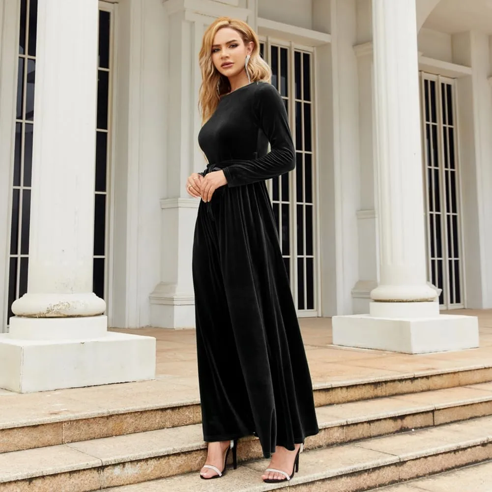 Women's Fall Dresses Long Sleeve Velvet Formal Maxi Dress with Belt Casual Cocktail Wedding Guest Party Long Dress