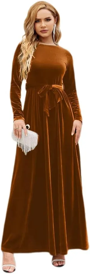 Women's Fall Dresses Long Sleeve Velvet Formal Maxi Dress with Belt Casual Cocktail Wedding Guest Party Long Dress