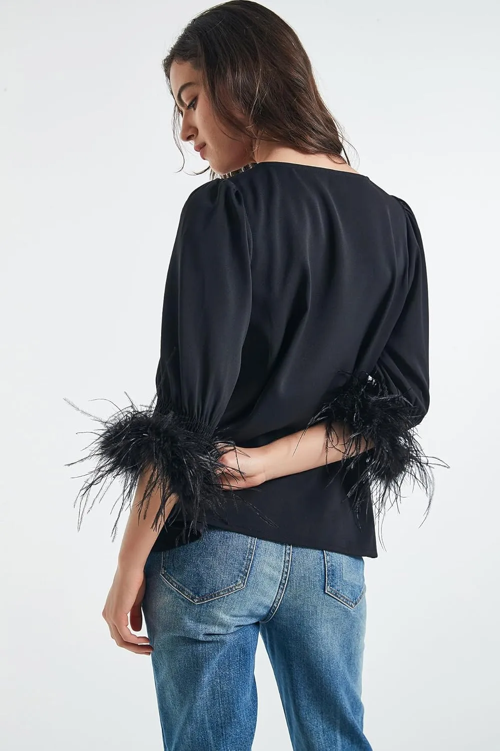 Women's Feather Blouse Party Top 3/4 Sleeve Cuff Casual V Neck Wedding Guest Cocktail Blouse T-Shirt