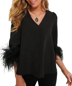Women's Feather Blouse Party Top 3/4 Sleeve Cuff Casual V Neck Wedding Guest Cocktail Blouse T-Shirt