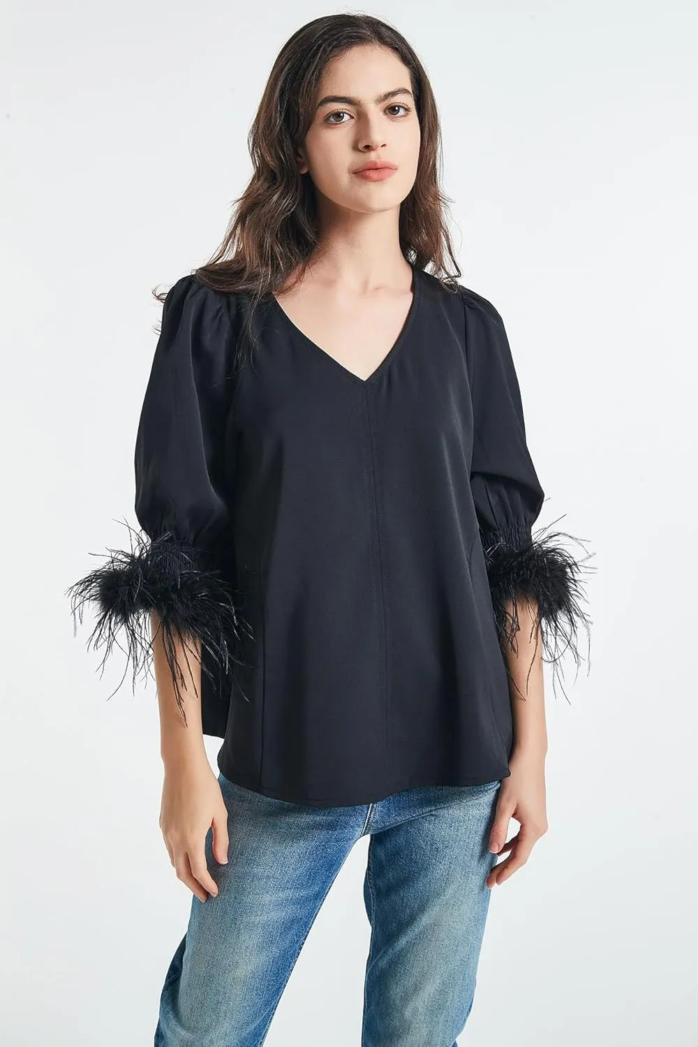 Women's Feather Blouse Party Top 3/4 Sleeve Cuff Casual V Neck Wedding Guest Cocktail Blouse T-Shirt