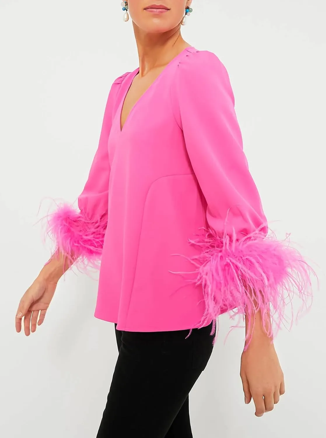 Women's Feather Blouse Party Top 3/4 Sleeve Cuff Casual V Neck Wedding Guest Cocktail Blouse T-Shirt
