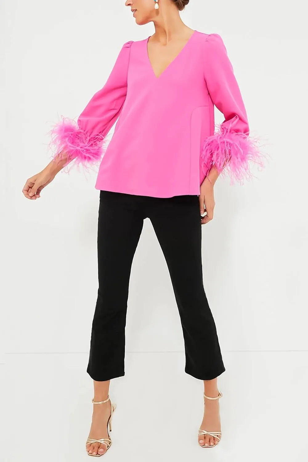 Women's Feather Blouse Party Top 3/4 Sleeve Cuff Casual V Neck Wedding Guest Cocktail Blouse T-Shirt