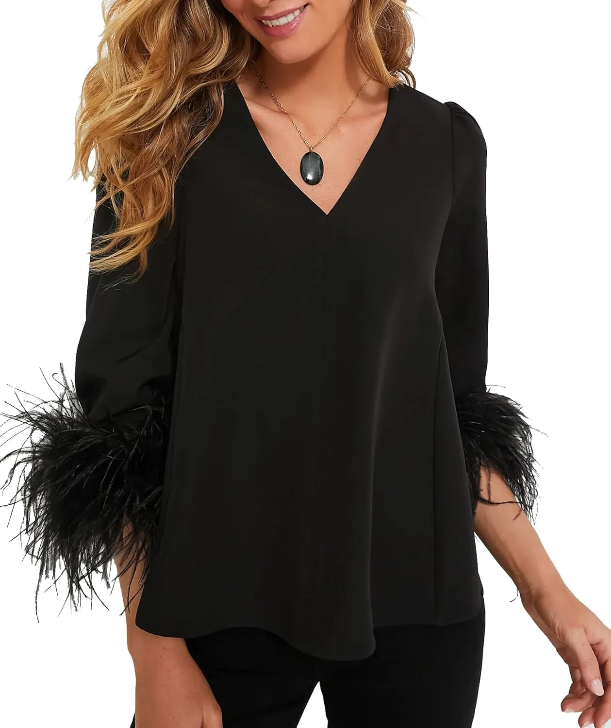 Women's Feather Blouse Party Top 3/4 Sleeve Cuff Casual V Neck Wedding Guest Cocktail Blouse T-Shirt