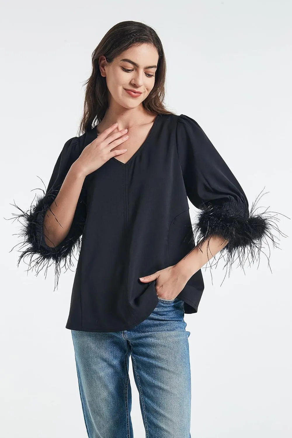 Women's Feather Blouse Party Top 3/4 Sleeve Cuff Casual V Neck Wedding Guest Cocktail Blouse T-Shirt