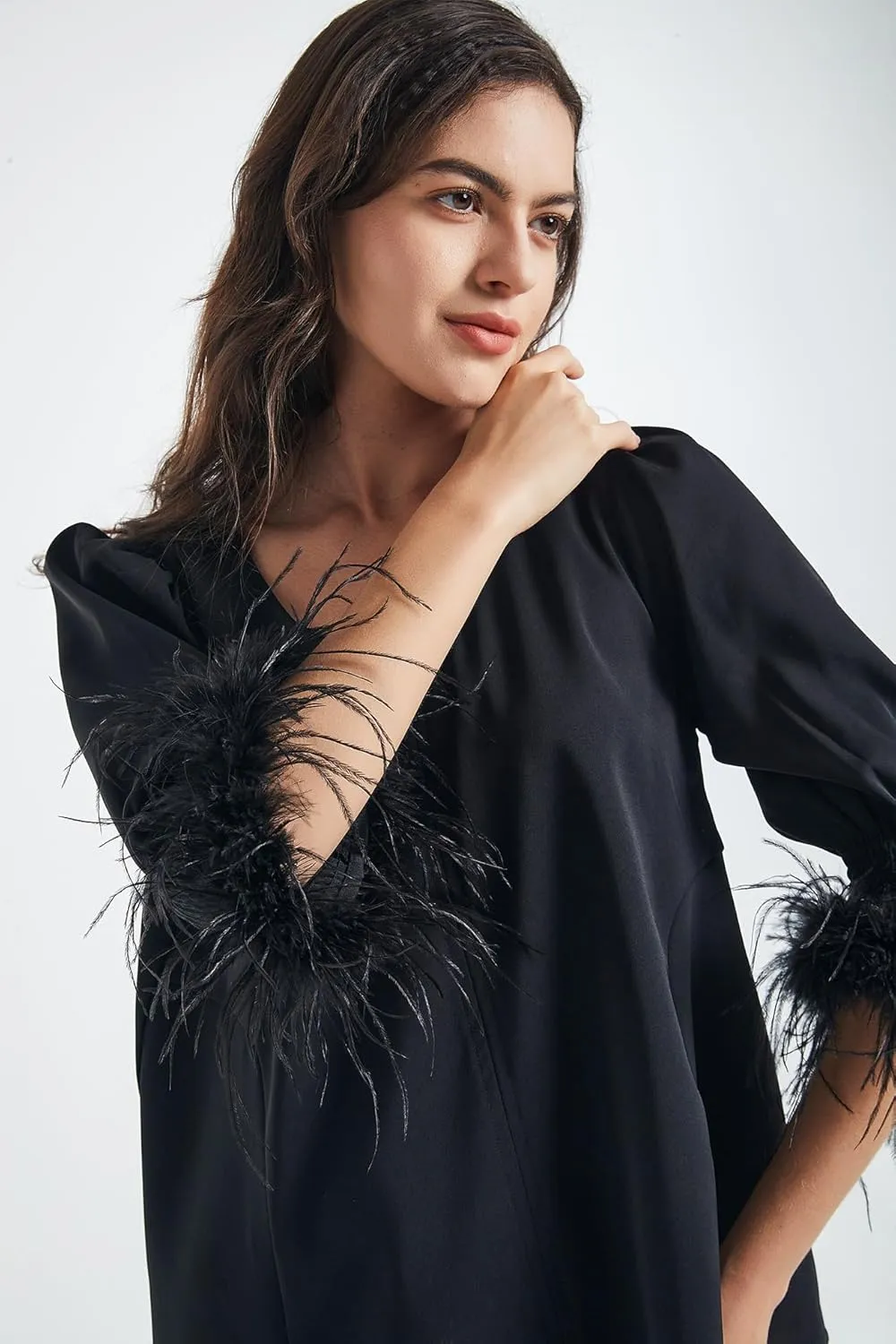Women's Feather Blouse Party Top 3/4 Sleeve Cuff Casual V Neck Wedding Guest Cocktail Blouse T-Shirt