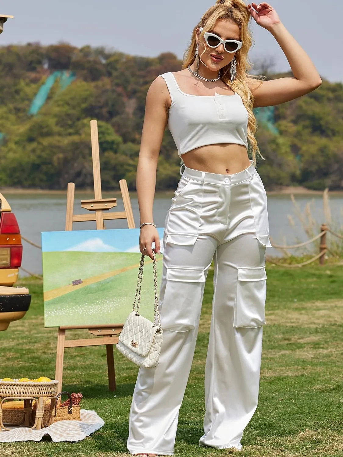 Womens High Waisted Satin Cargo Pants Loose Fit Wide Leg Trousers with Pockets Trendy Outfit
