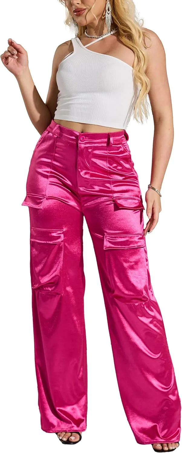 Womens High Waisted Satin Cargo Pants Loose Fit Wide Leg Trousers with Pockets Trendy Outfit