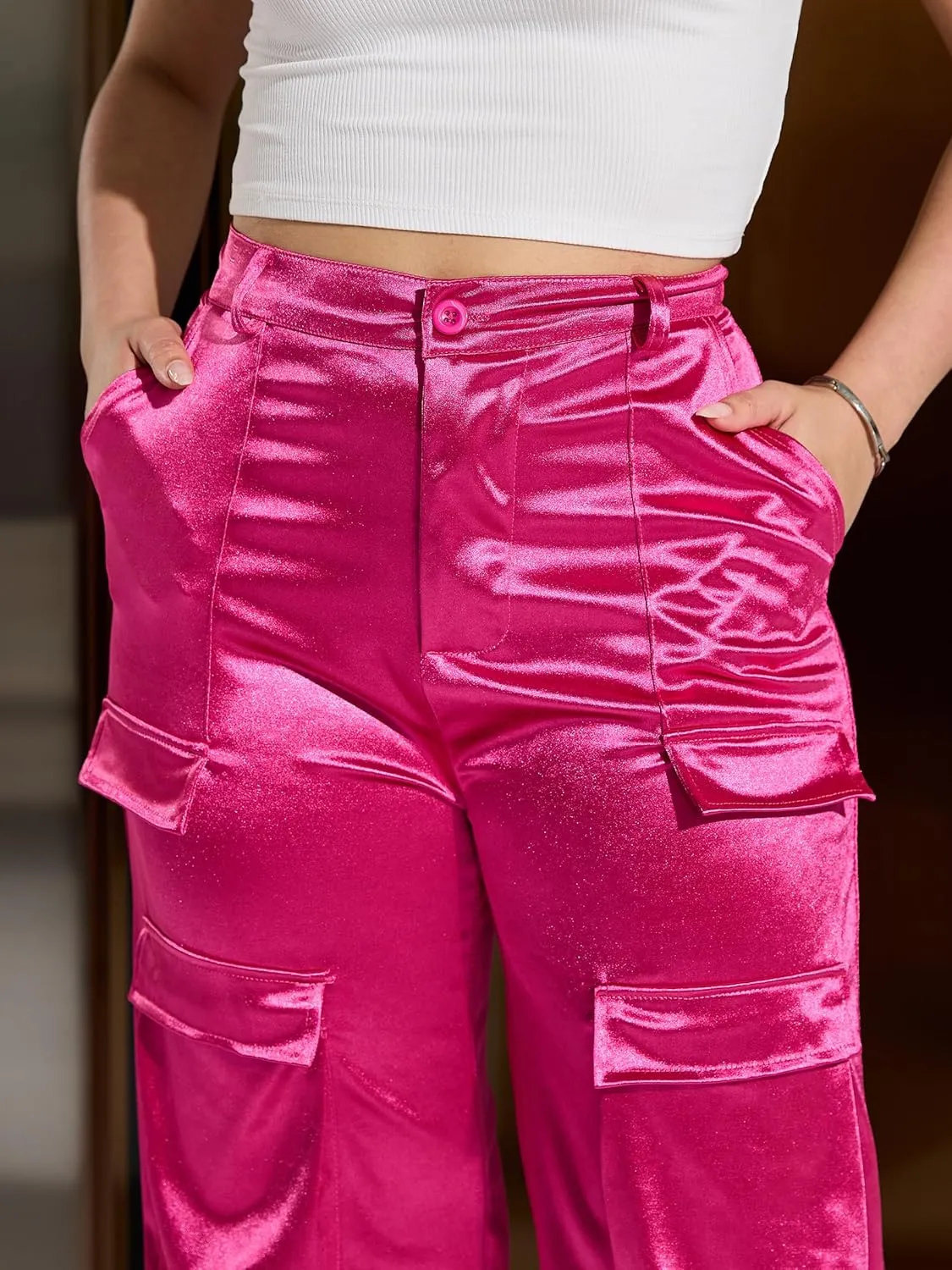 Womens High Waisted Satin Cargo Pants Loose Fit Wide Leg Trousers with Pockets Trendy Outfit