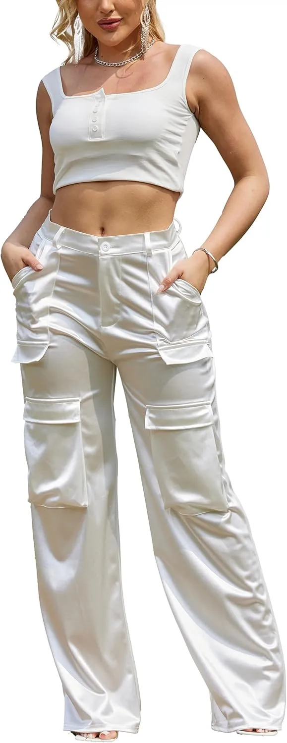 Womens High Waisted Satin Cargo Pants Loose Fit Wide Leg Trousers with Pockets Trendy Outfit