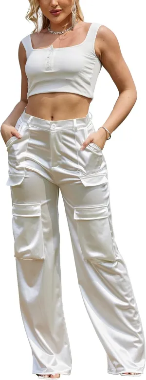 Womens High Waisted Satin Cargo Pants Loose Fit Wide Leg Trousers with Pockets Trendy Outfit