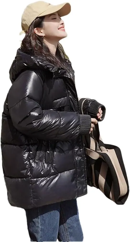 Women's Loose Winter Parkas Warm Hooded Down Cotton Puffer Parkas Glossy Cotton Jacket Coats