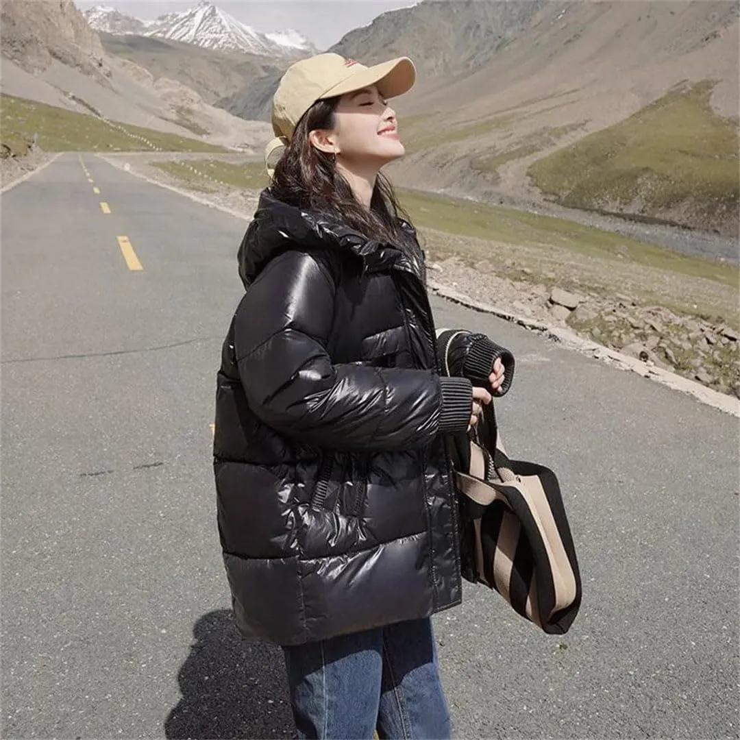Women's Loose Winter Parkas Warm Hooded Down Cotton Puffer Parkas Glossy Cotton Jacket Coats