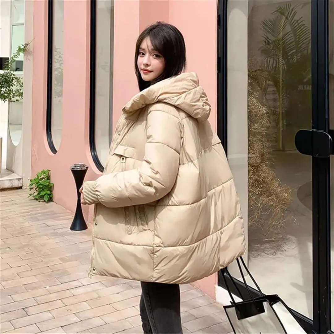 Women's Loose Winter Parkas Warm Hooded Down Cotton Puffer Parkas Glossy Cotton Jacket Coats