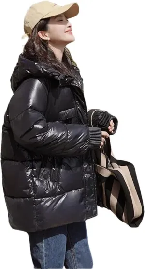 Women's Loose Winter Parkas Warm Hooded Down Cotton Puffer Parkas Glossy Cotton Jacket Coats
