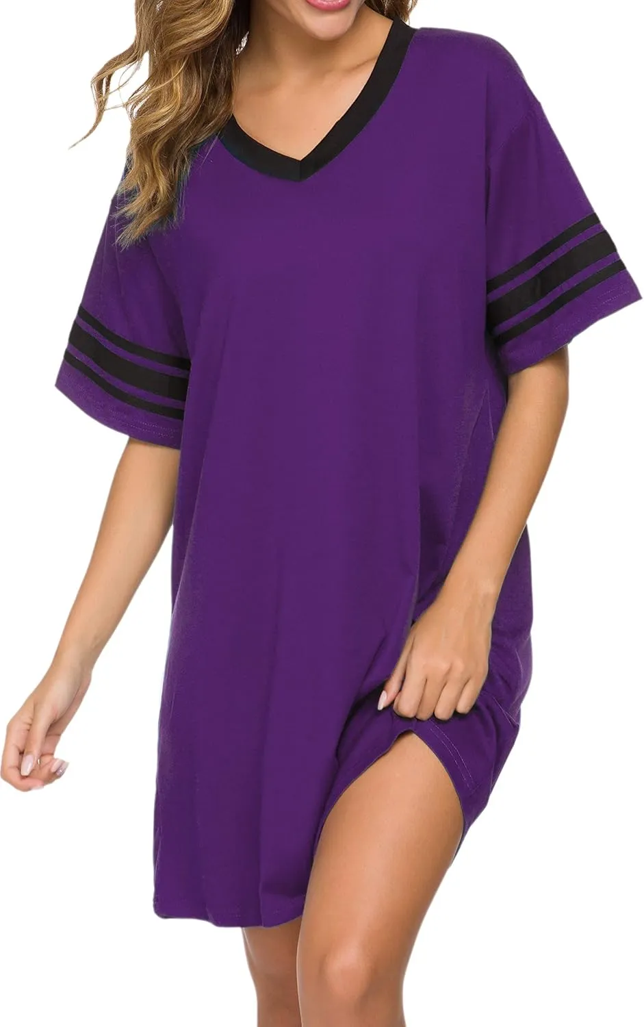 Women's Nightgown Short Sleeve Sleep Shirt V Neck Nightshirts Cotton Loose Comfy Pajamas Dress Casual Sleepwear