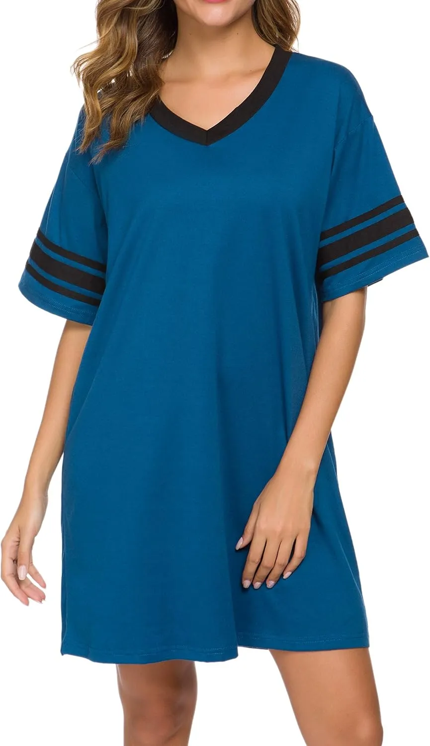 Women's Nightgown Short Sleeve Sleep Shirt V Neck Nightshirts Cotton Loose Comfy Pajamas Dress Casual Sleepwear